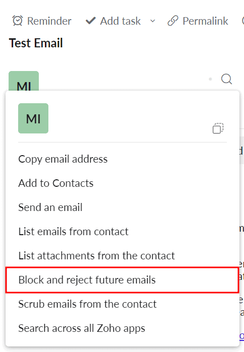 Anteprima delle e-mail di Zoho Mail, che evidenzia l'opzione di blocco di un'e-mail