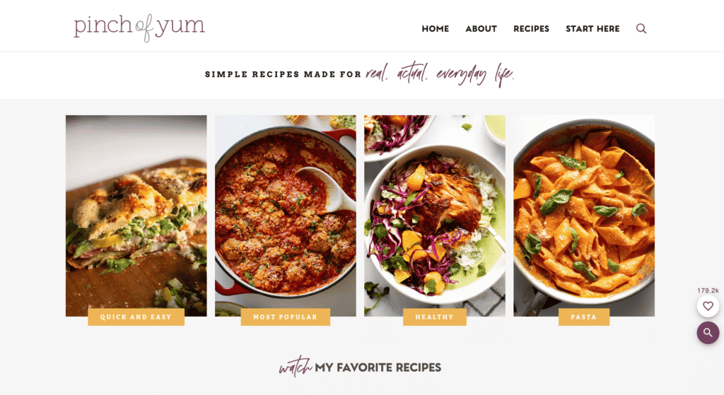 Homepage di Pinch of Yum ed esempio di sito web informativo