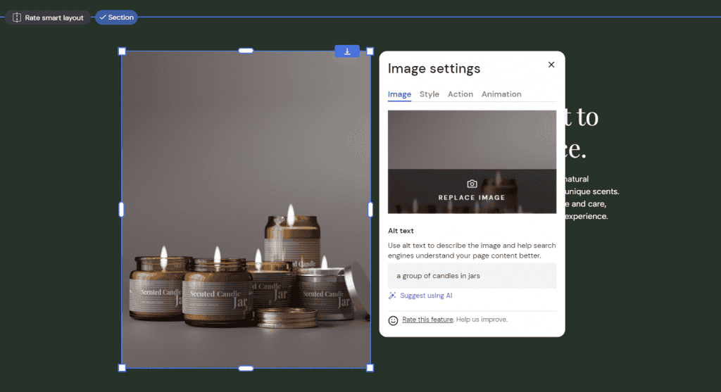 Generatore di testo alternativo per immagini con AI nel website builder di Hostinger
