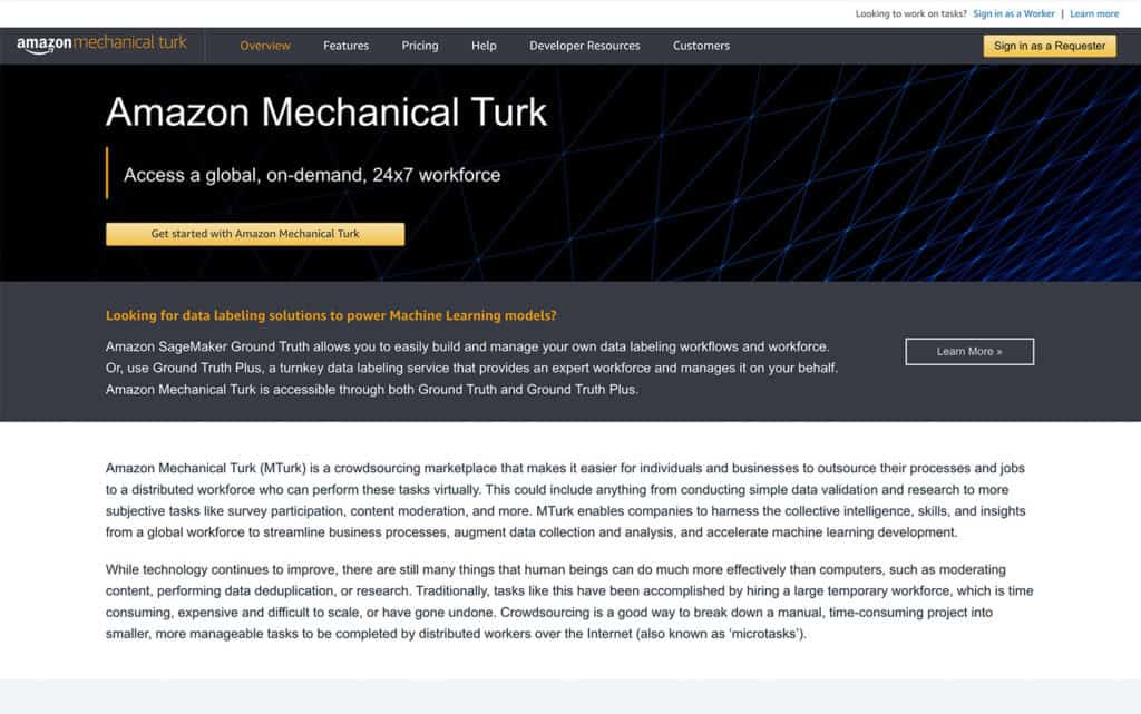 Homepage di Amazon Mechanical Turk che offre soluzioni di crowdsourcing per aziende e privati