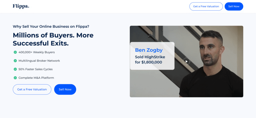 Homepage del sito web di Flippa