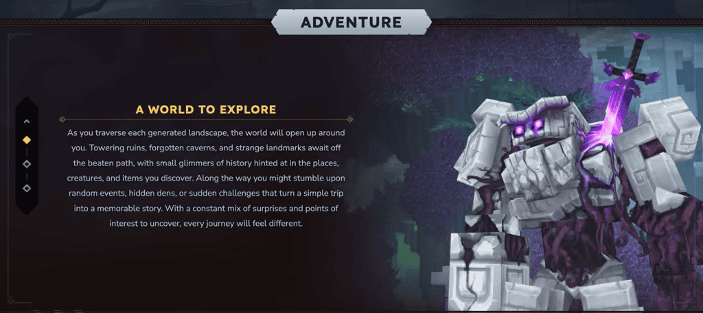 La sezione “Avventura” nella pagina “Gioco” del sito web di Hytale