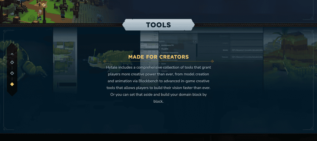 La sezione “Strumenti” nella pagina “Gioco” del sito web di Hytale