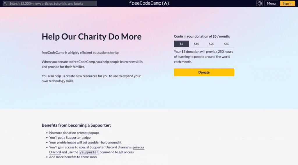 La pagina delle donazioni di freeCodeCamp
