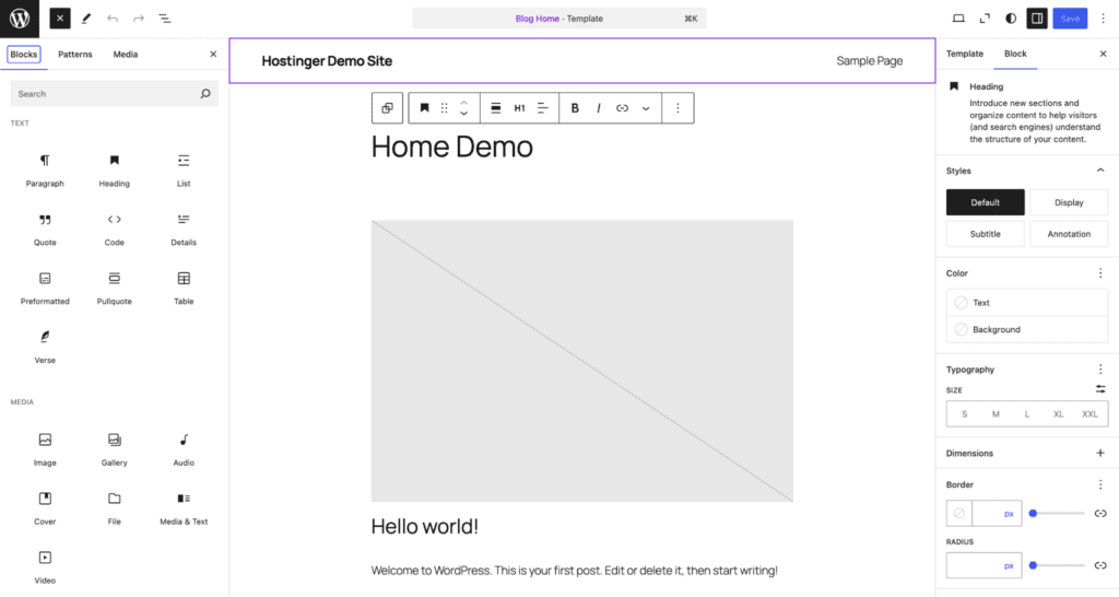 Schermata dell’interfaccia dell’editor del sito di WordPress per modificare la homepage del tuo sito web.