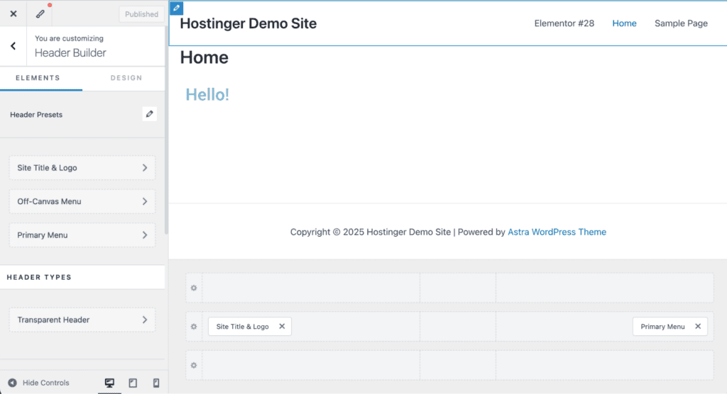 Interfaccia del Personalizza di WordPress con il tema Astra, che mostra i preset dell’header e le opzioni per aggiungere elementi personalizzati e widget all’header.