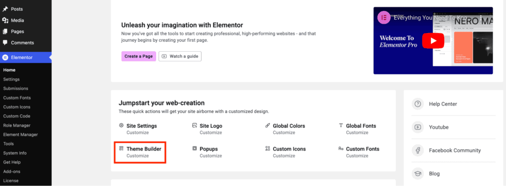 Selezionare il theme builder di Elementor per modificare l’header e il footer di un sito.