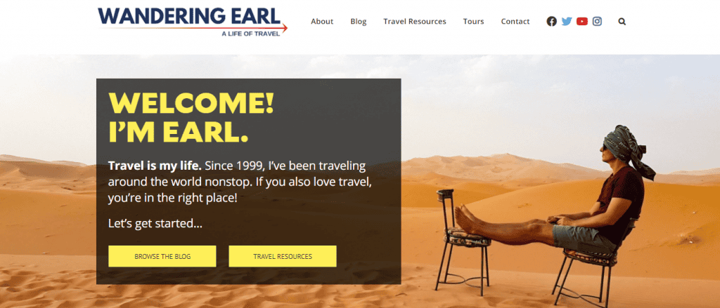 Screenshot della homepage del sito web di Wandering Earl La homepage del sito web The Wandering Earl.