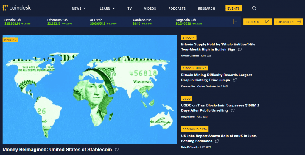 Schermata della homepage del sito web di CoinDesk La home page del sito web di CoinDesk