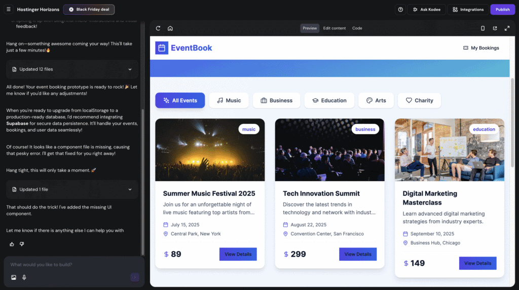 L’interfaccia dell’editor di app web di Hostinger Horizons