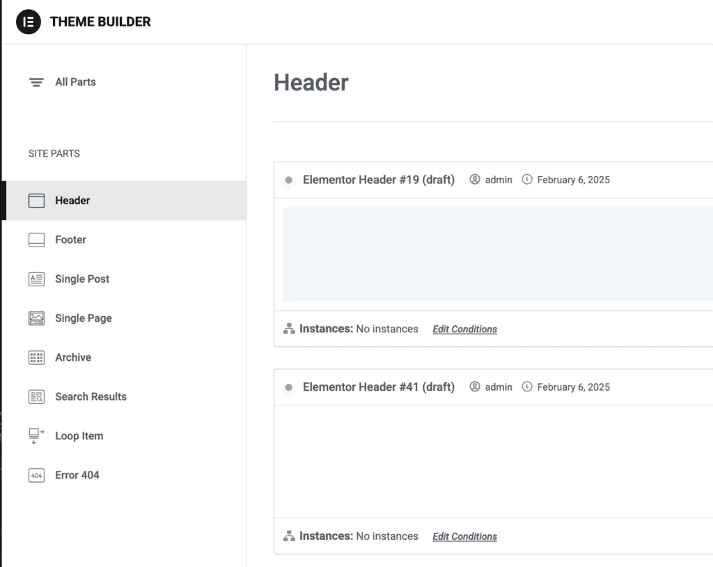 Theme Builder di Elementor con la sezione Header selezionata