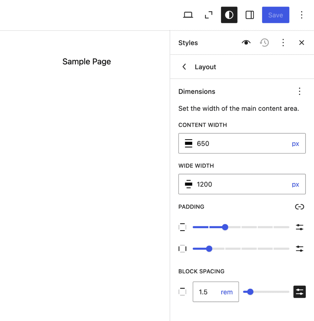 Impostazioni del layout nell’editor del sito di WordPress