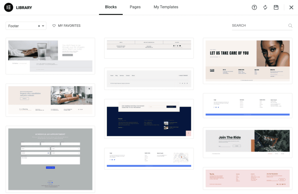 Theme Builder di Elementor che mostra blocchi del footer predefiniti