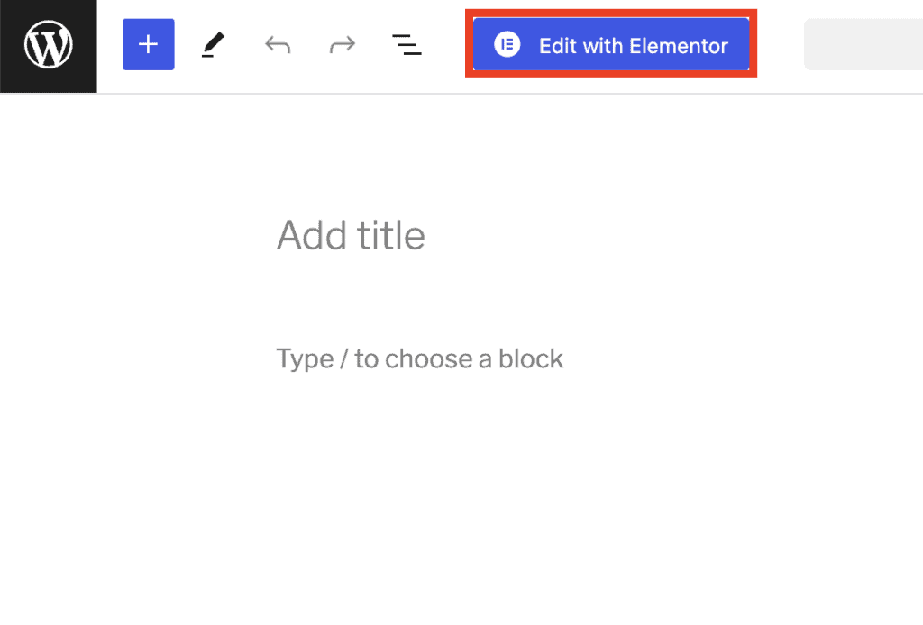 Editor di pagina di WordPress con il pulsante 'Modifica con Elementor' in alto