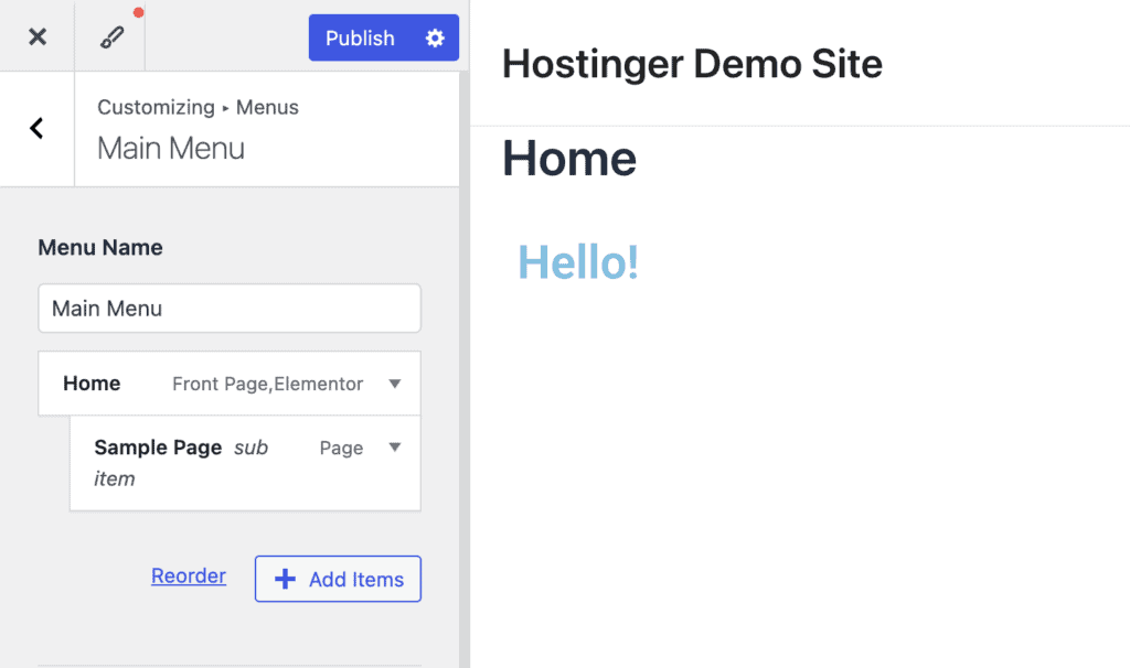 Customizer di WordPress che mostra il pannello di personalizzazione del menu