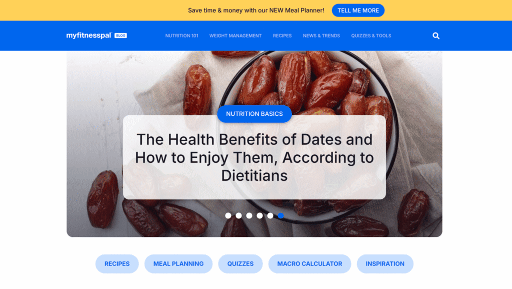 La pagina Blog del sito web di MyFitnessPal