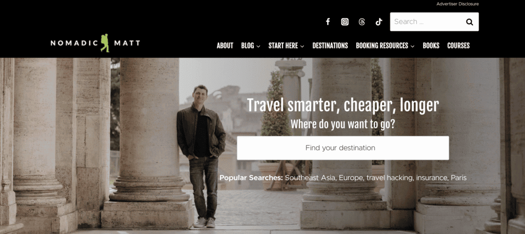La homepage del sito web di Nomadic Matt