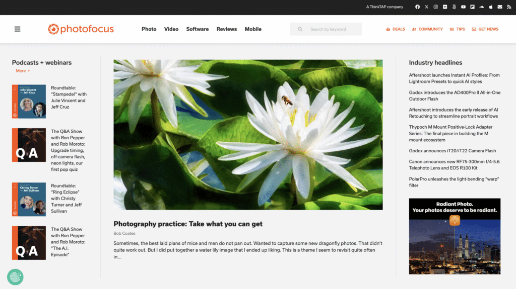 La homepage del blog Photofocus