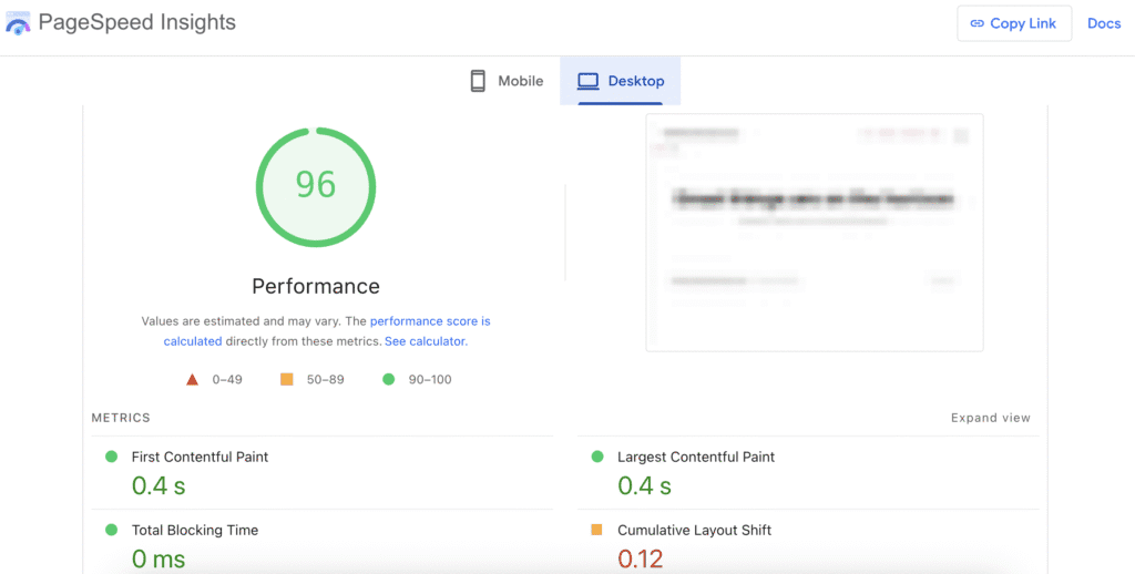 Il risultato dell’analisi delle prestazioni del negozio WooCommerce in PageSpeed Insights