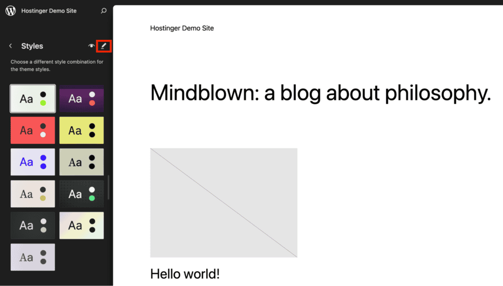 Fai click sull’icona Modifica stili nell’editor del sito di WordPress per visualizzare in anteprima e scegliere schemi di colori e preset