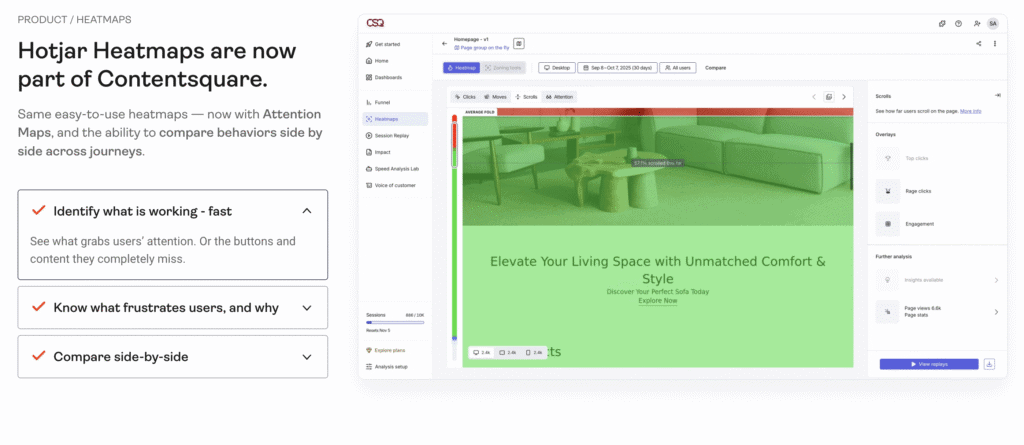 una dashboard digitale che mostra le Heatmap di Hotjar integrate con Contentsquare, evidenziando le metriche di coinvolgimento degli utenti.