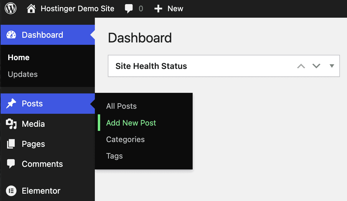 Bacheca di WordPress che mostra come creare un nuovo articolo