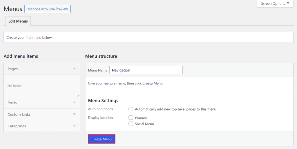Interfaccia del Personalizzatore di WordPress che mostra le opzioni per creare un nuovo menu di navigazione