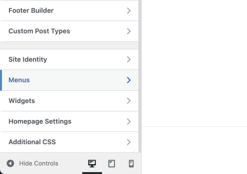 Customizer di WordPress che mostra la sezione Menu