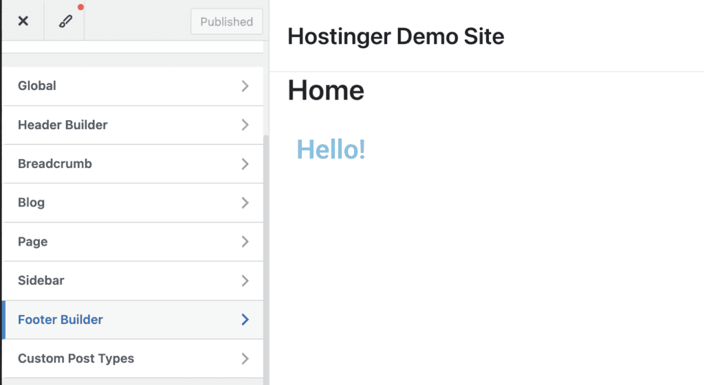 Personalizzatore di WordPress con il tema Astra, che mostra l’opzione Footer Builder nel menu principale per accedere alle impostazioni di personalizzazione del footer