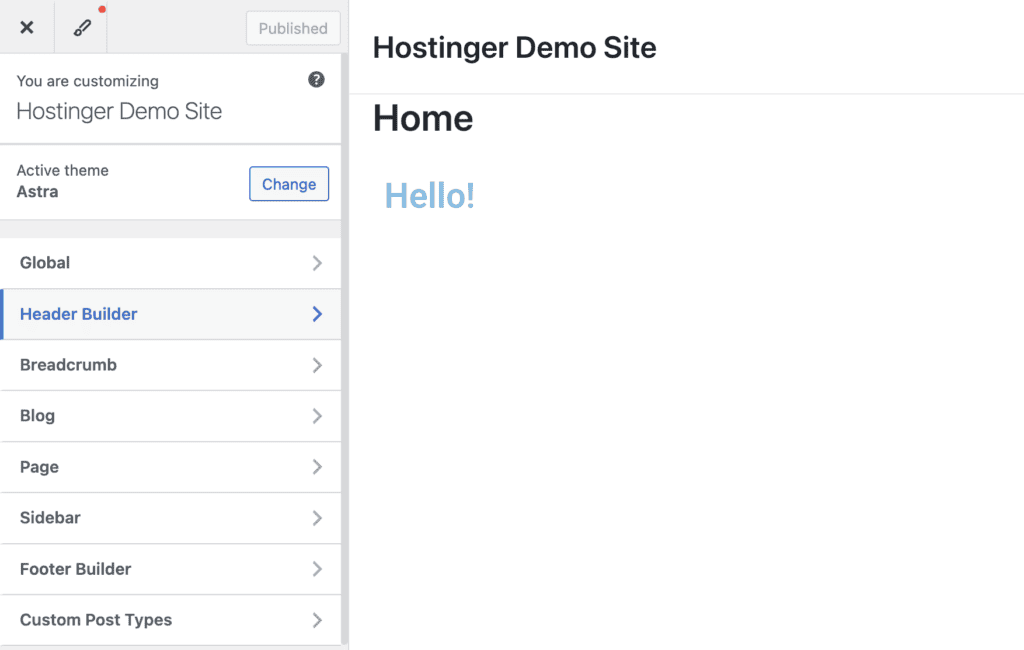 Il Customizer di WordPress che mostra il builder dell’header nella barra laterale sinistra