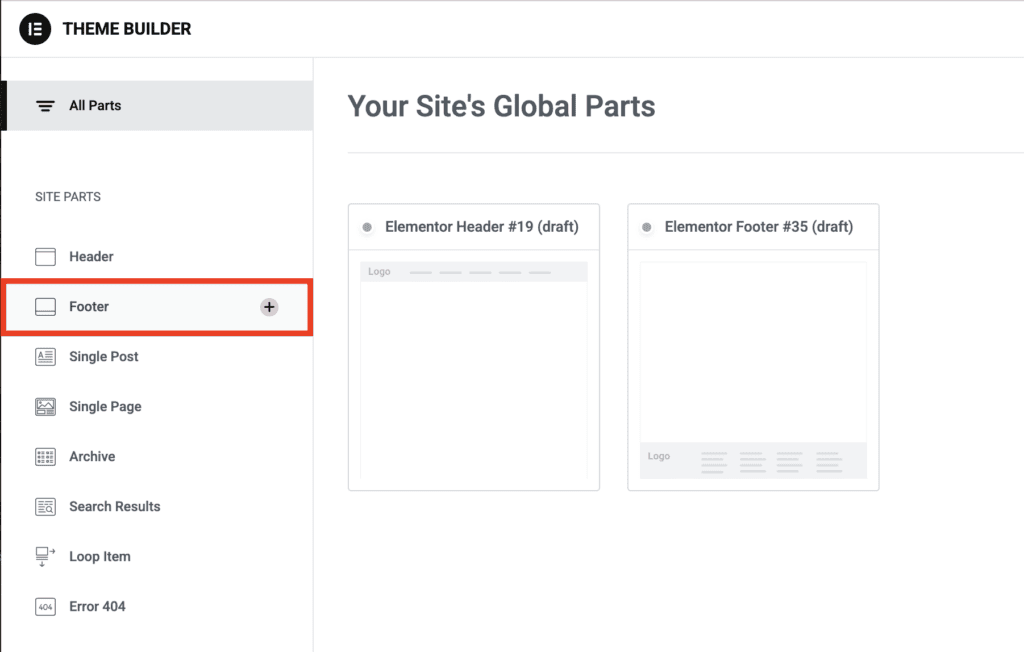 Interfaccia del Theme Builder di Elementor con l’opzione Footer selezionata nella barra laterale sinistra per la personalizzazione