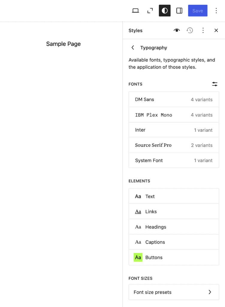 Opzioni di personalizzazione della tipografia nell’editor del sito di WordPress.