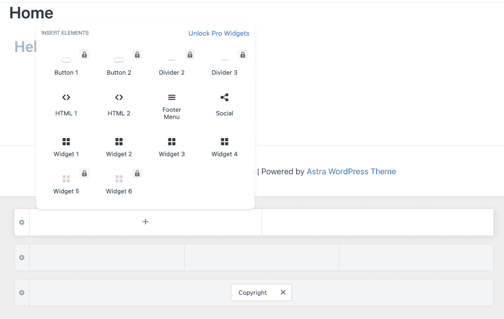 Customizer di WordPress con il tema Astra, che mostra le opzioni per aggiungere widget e pulsanti aggiuntivi nell’area del footer