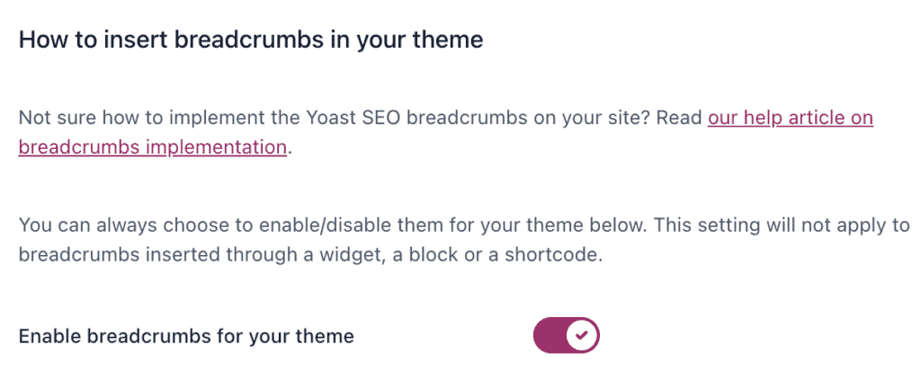 L’impostazione «Abilita breadcrumb» del plugin Yoast SEO