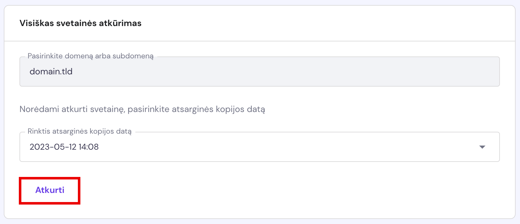 Atsarginės svetainės versijos atkūrimas