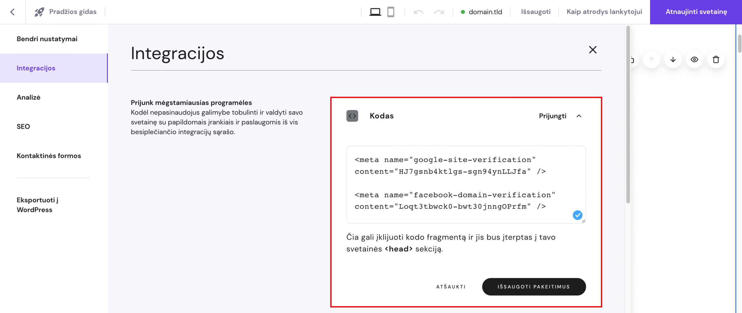 Integracijų nustatymai Hostinger svetainių kūrimo įrankyje