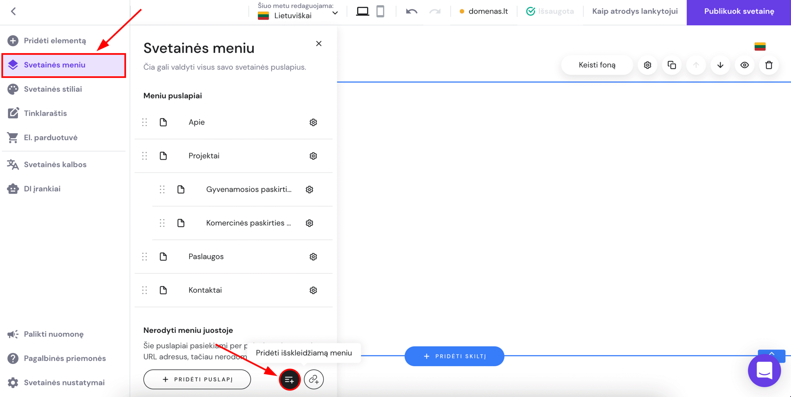 Skiltyje Svetainės meniu esantis mygtukas Pridėti išskleidžiamą meniu