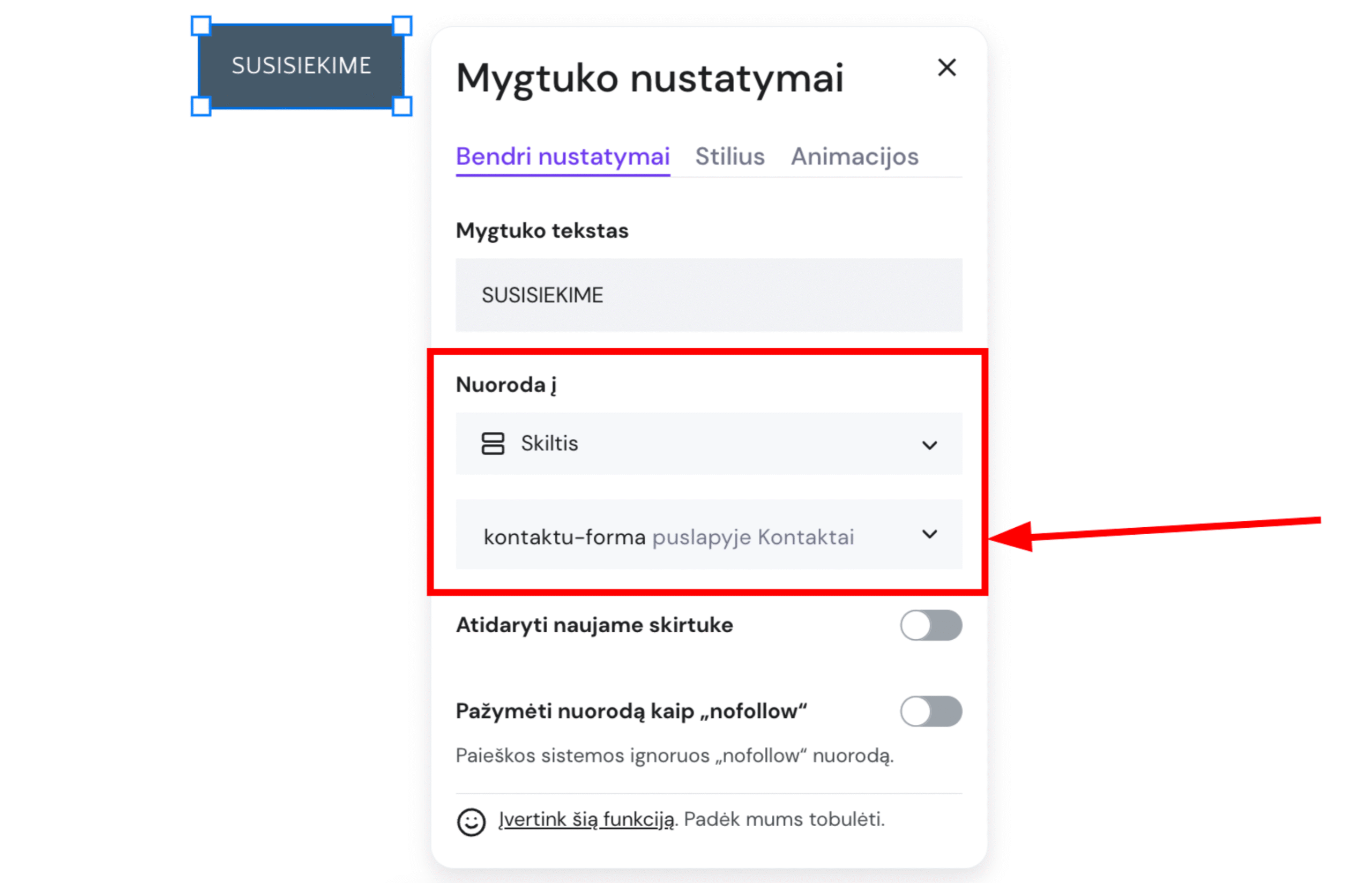 Mygtuko susiejimas su skiltimi