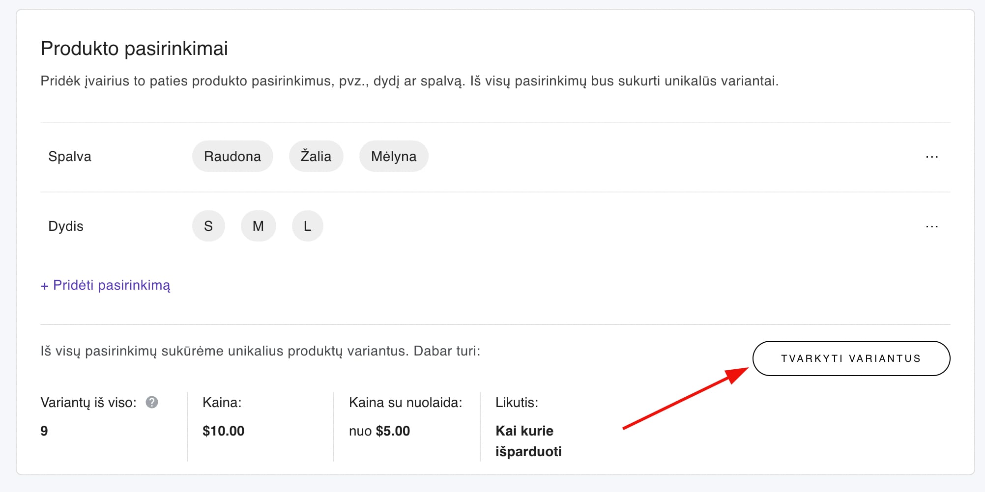 Produkto variantų nustatymai Hostinger svetainių kūrimo įrankyje