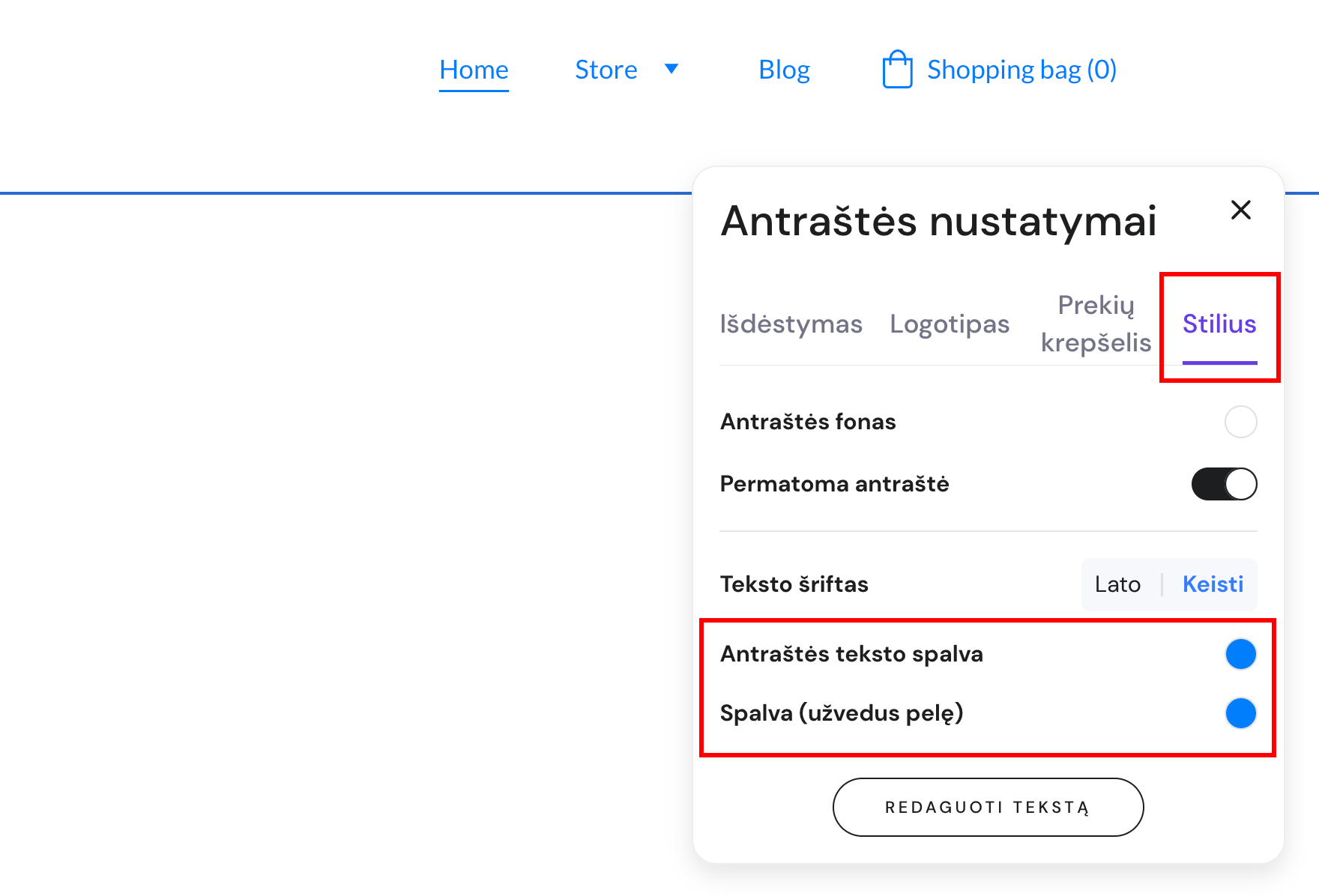 Svetainės antraštės stiliaus nustatymai Hostinger svetainių kūrimo įrankyje