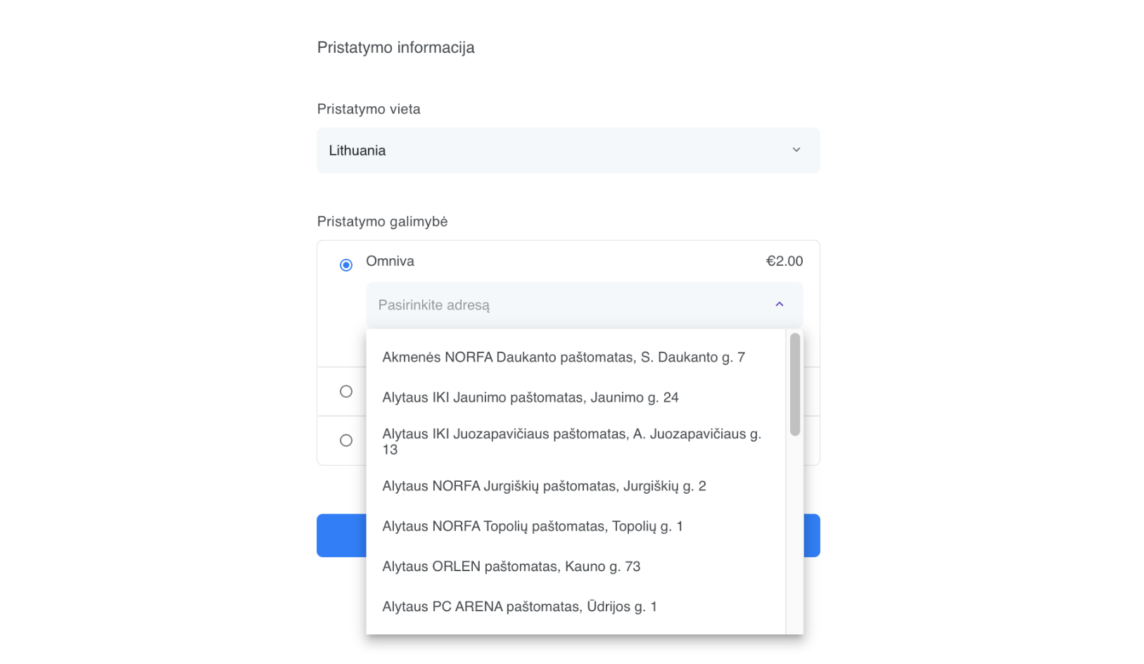 Integruotas paštomatų sąrašas su paieškos funkcija