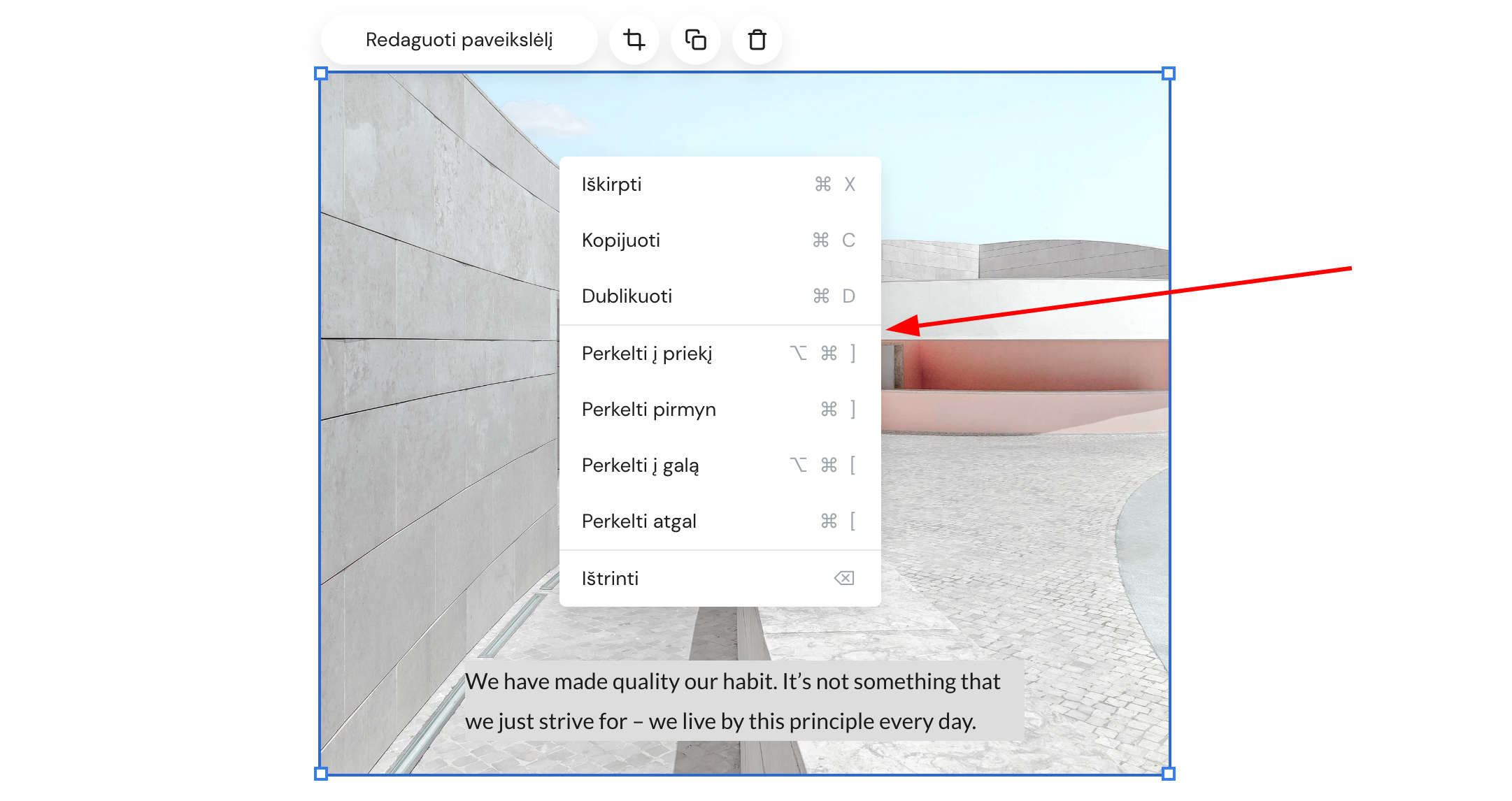 Antrinis veiksmų meniu, matomas paspaudus dešiniu pelės klavišu