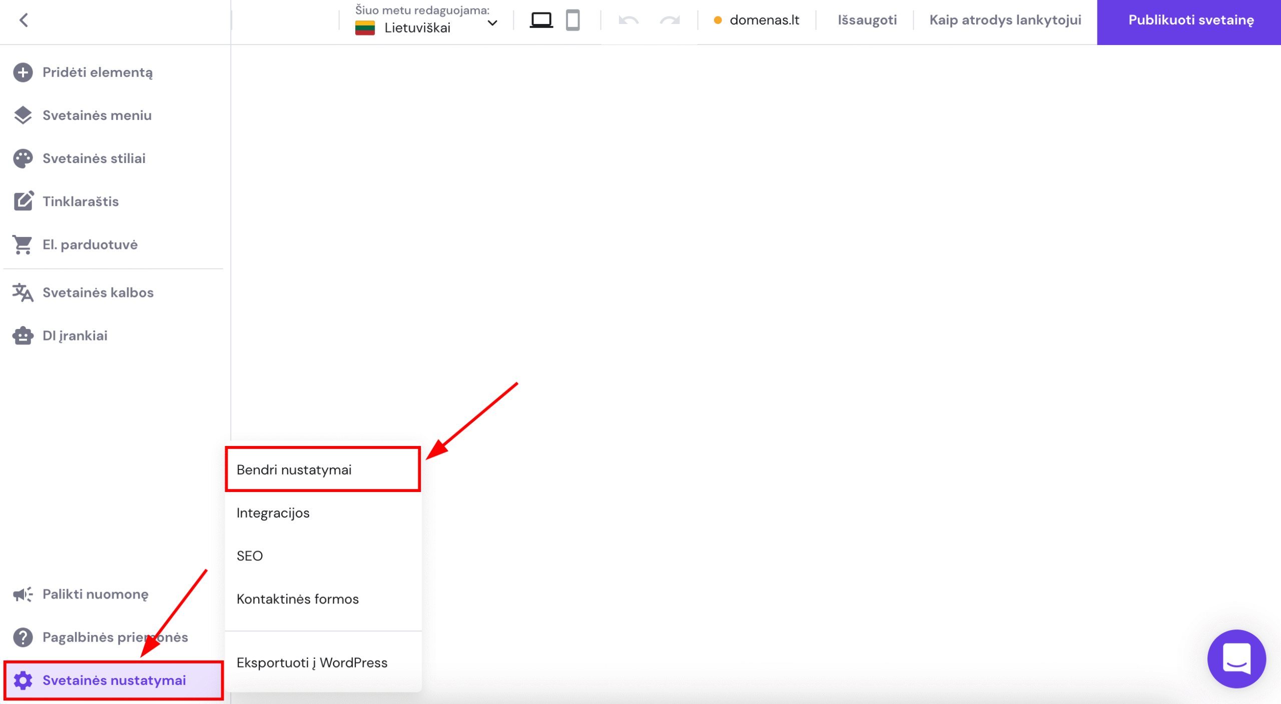 Hostinge svetainių kūrimo įrankyje mygtukas Svetainės nustatymai veda prie mygtuko Bendri nustatymai 