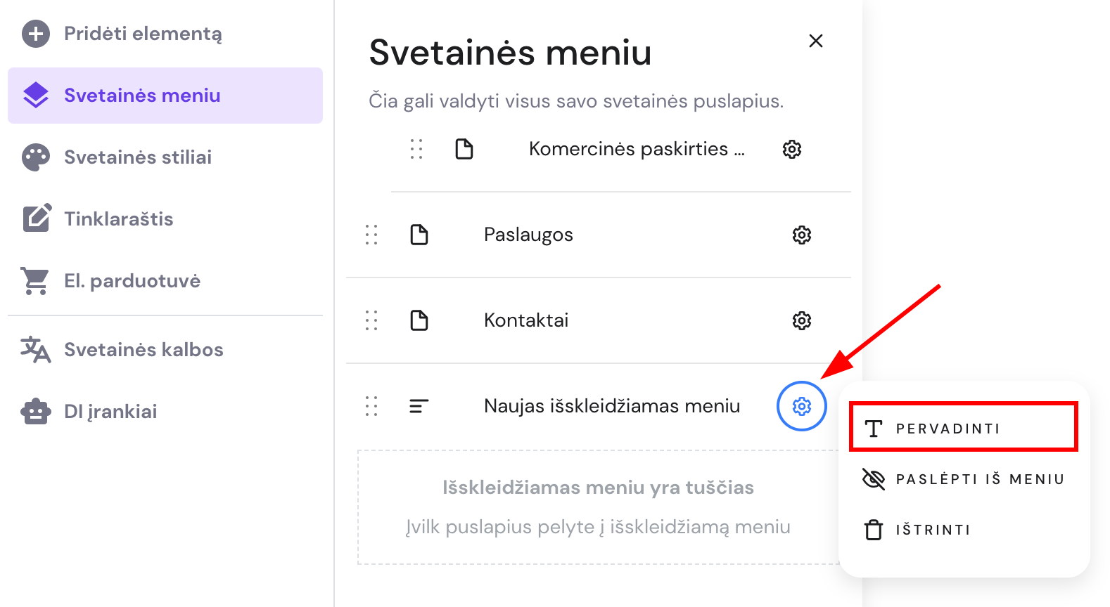 Mygtukas, leidžiantis keisti išskleidžiamojo meniu pavadinimą