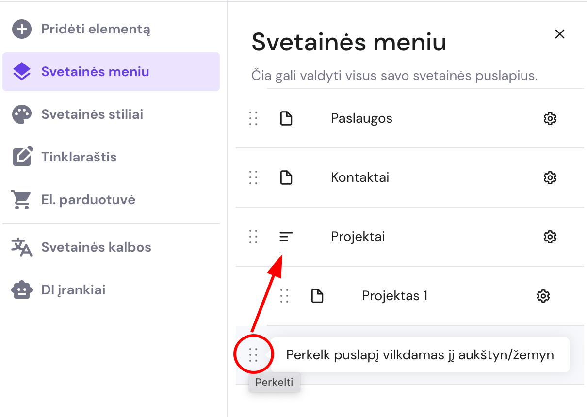Puslapis tempiamas į išskleidžiamąjį meniu