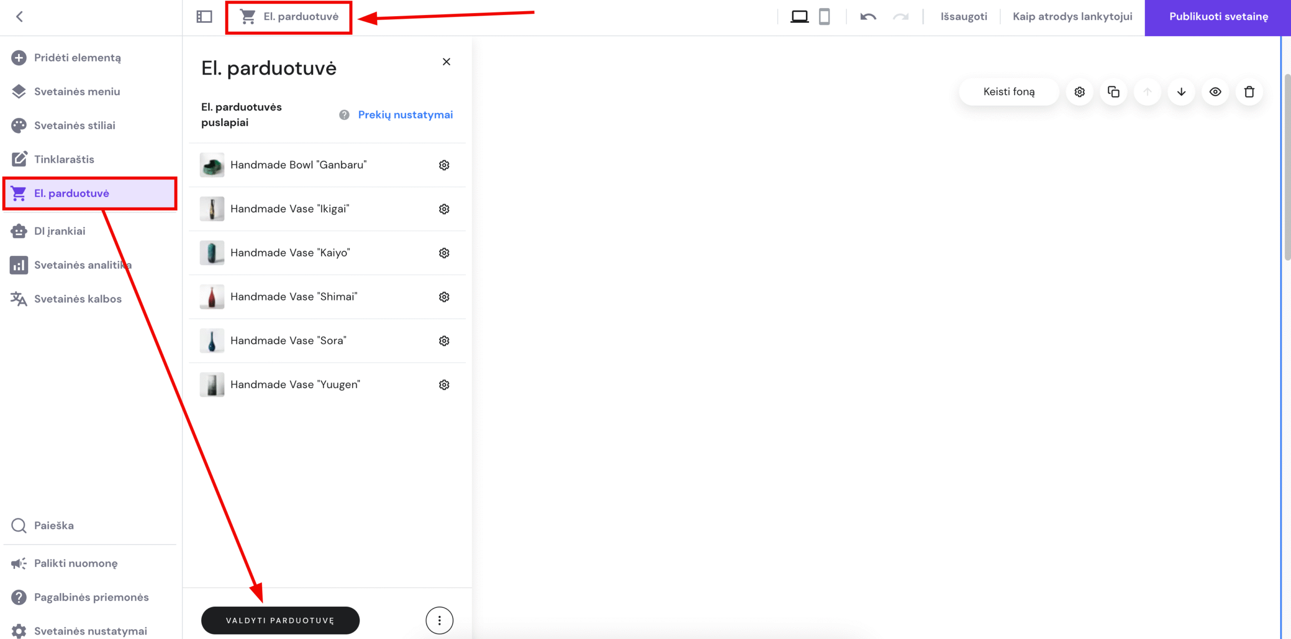 Būdai pasiekti el. parduotuvės valdymo zoną