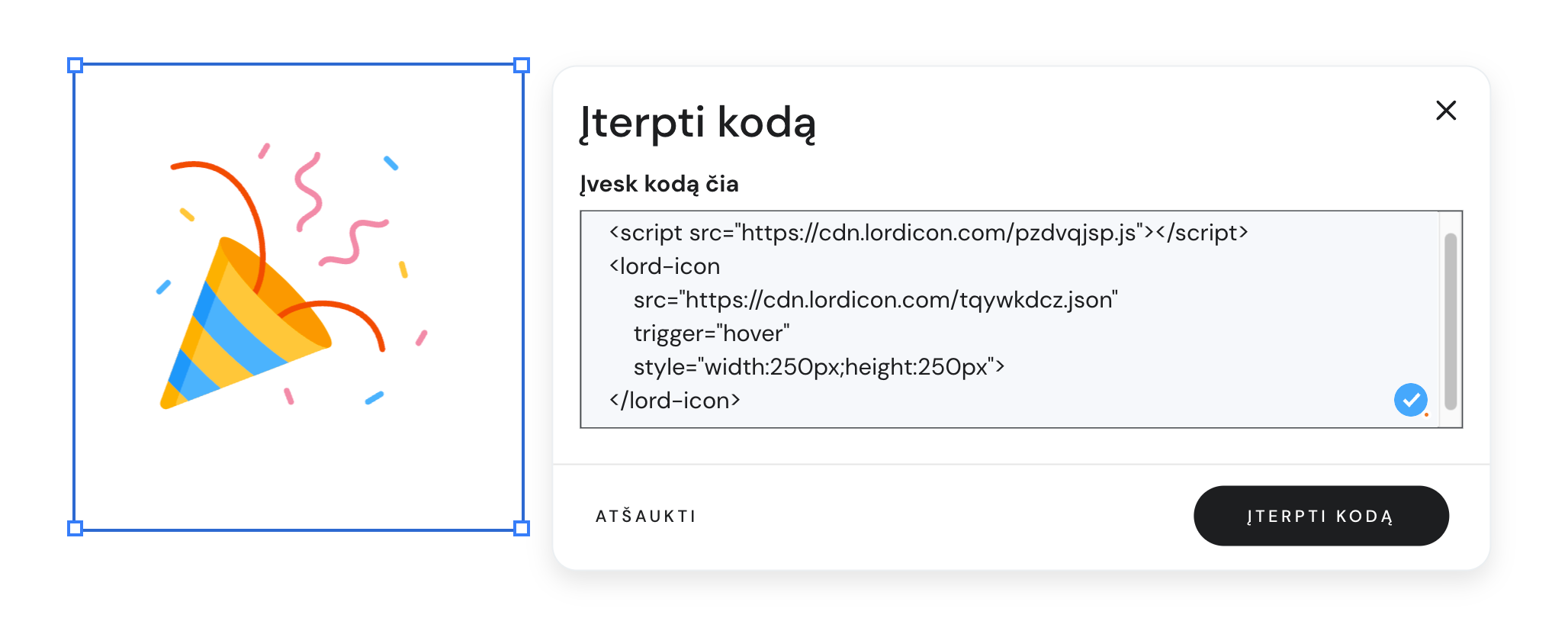 Animuoto elemento HTML kodo įklijavimas Hostinger svetainių kūrimo įrankyje