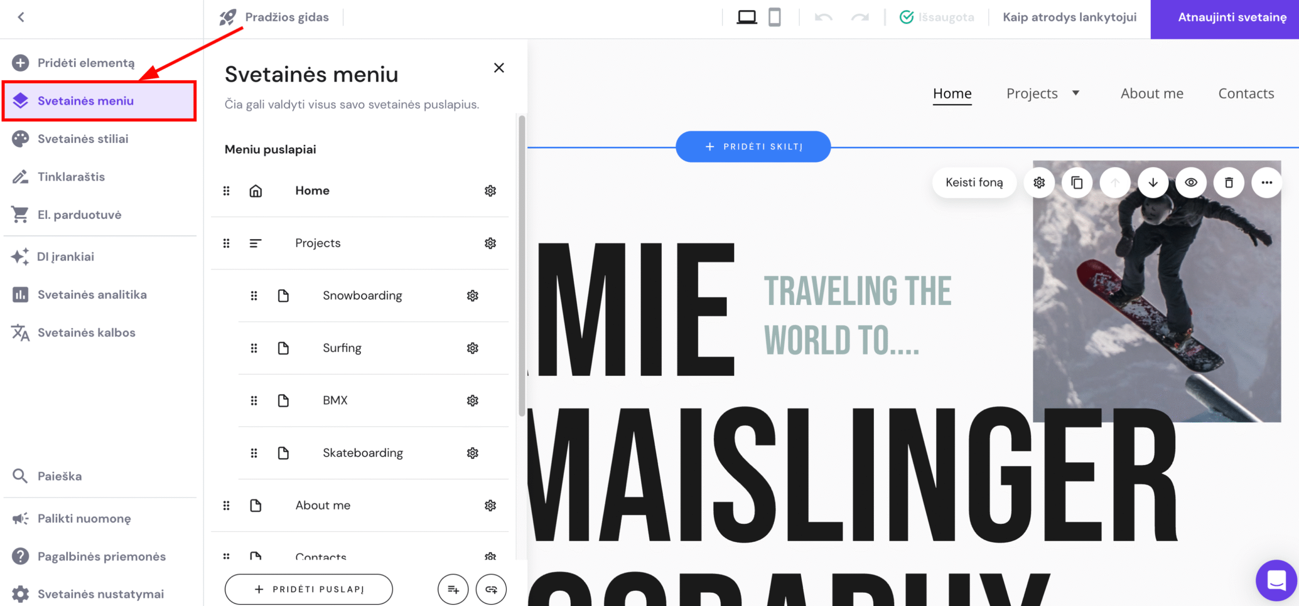 Pagrindinis svetainės meniu ir nuo jo paslėpti puslapiai