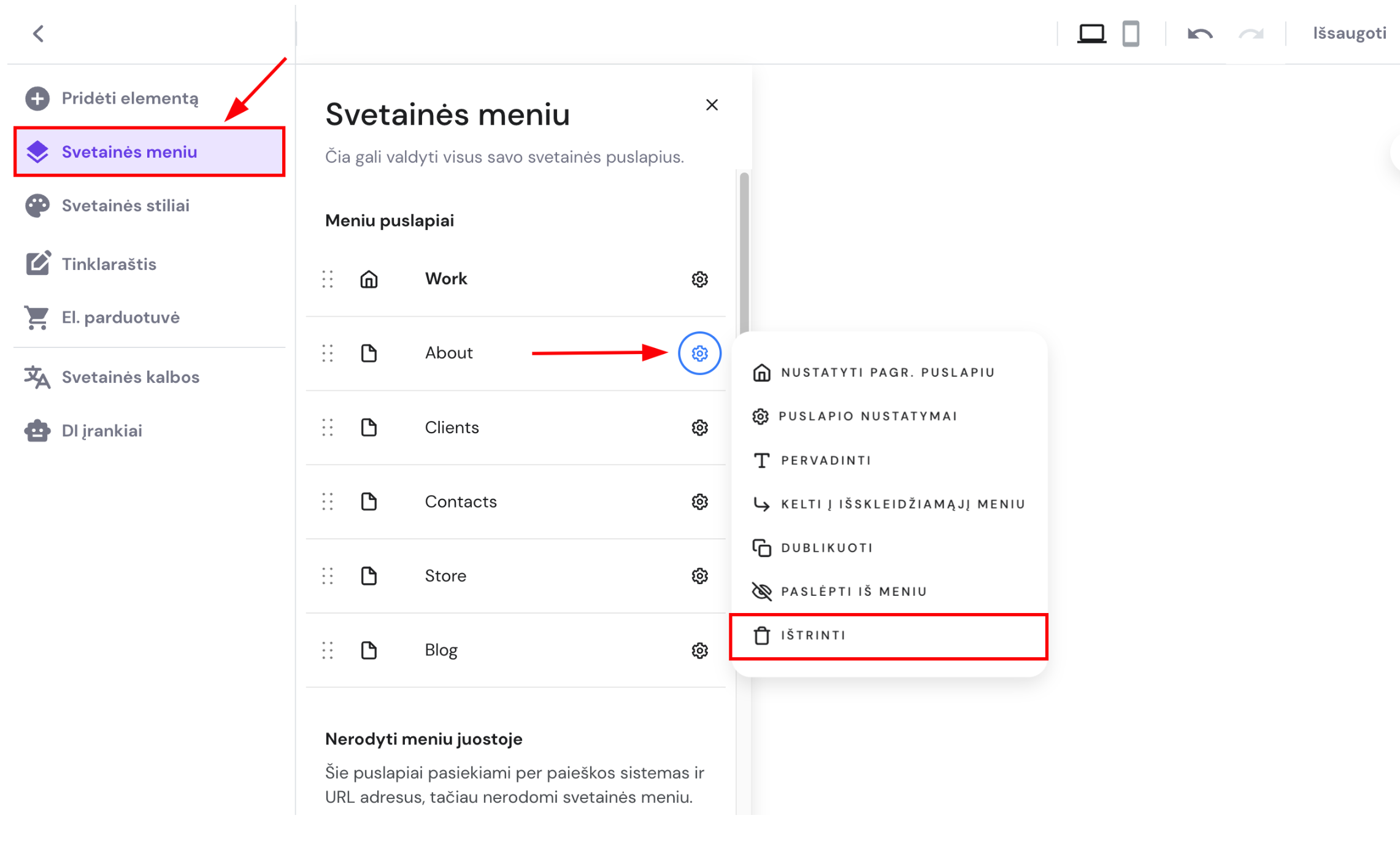 Mygtukas, leidžiantis ištrinti svetainės puslapį naudojant Hostinger svetainių kūrimo įrankį