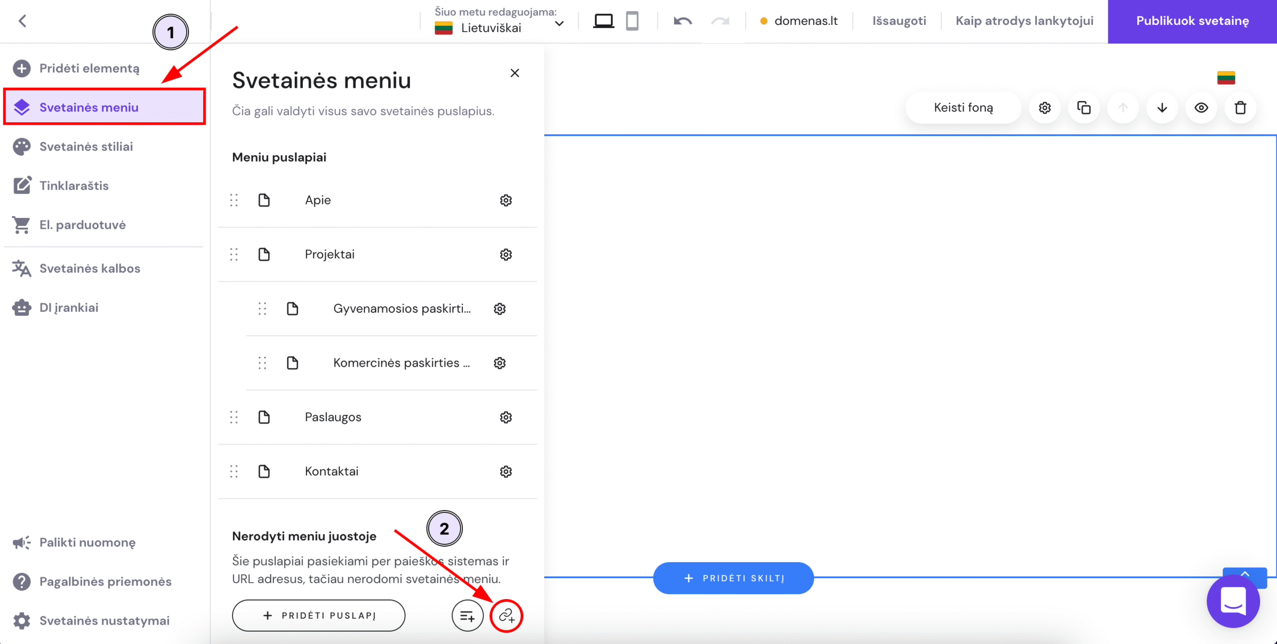 Skiltyje Svetainės meniu esantis mygtukas Pridėti nuorodą